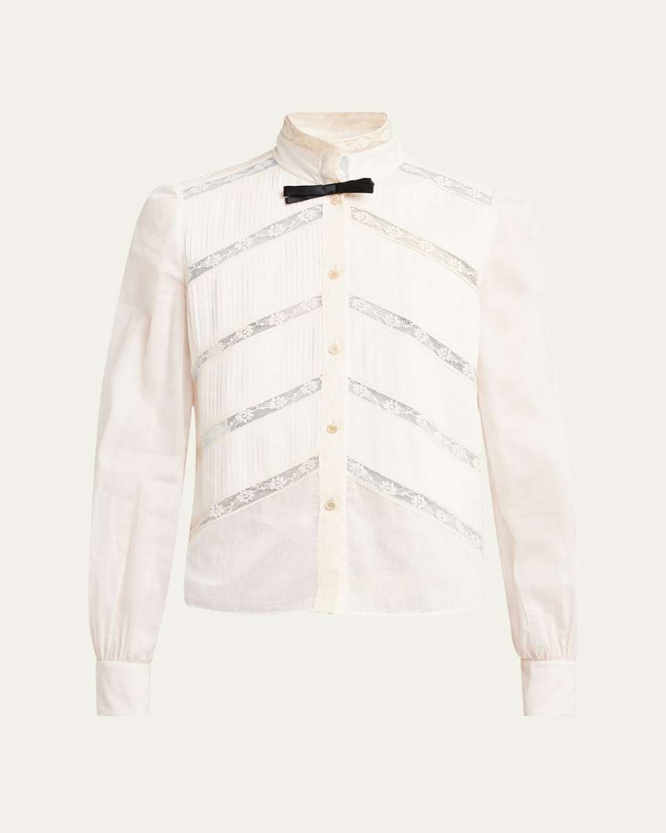 Lace-Inset Pintuck Cotton Blouse